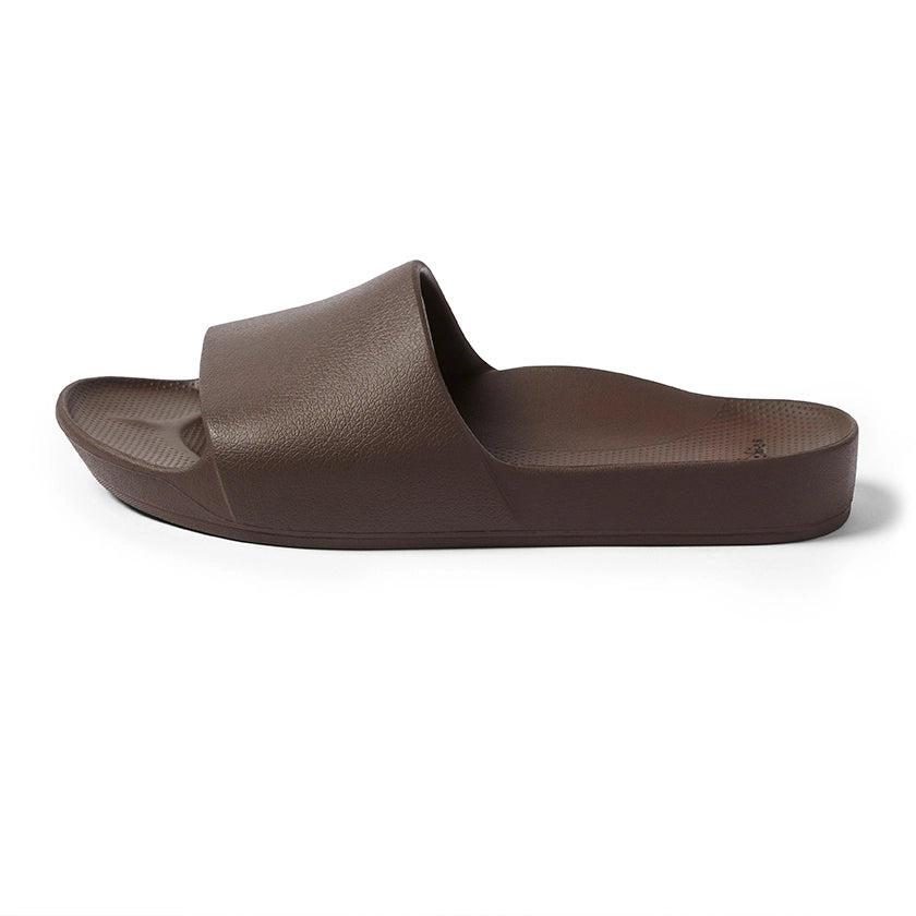 Archies Brown Arch Support Slides — Left shoe side angle outside 