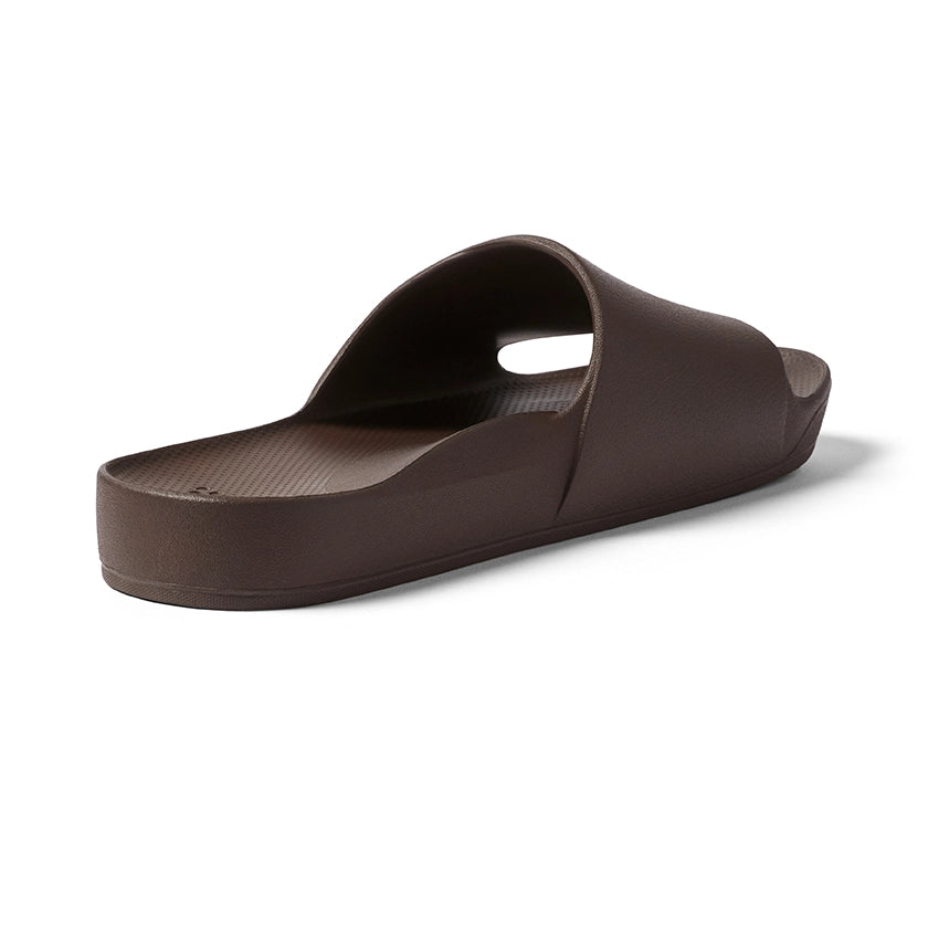 Archies Brown Arch Support Slide — heel and back angle 