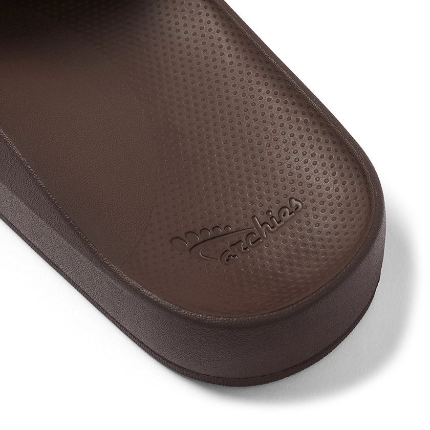 Archies Brown Arch Support Slide — heel cup closeup 