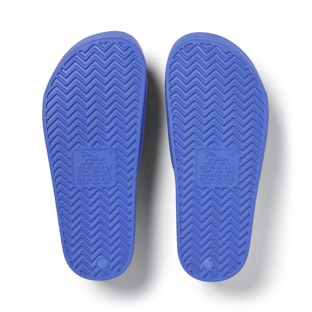 Royal Blue Arch support slides bottom angle studio image 