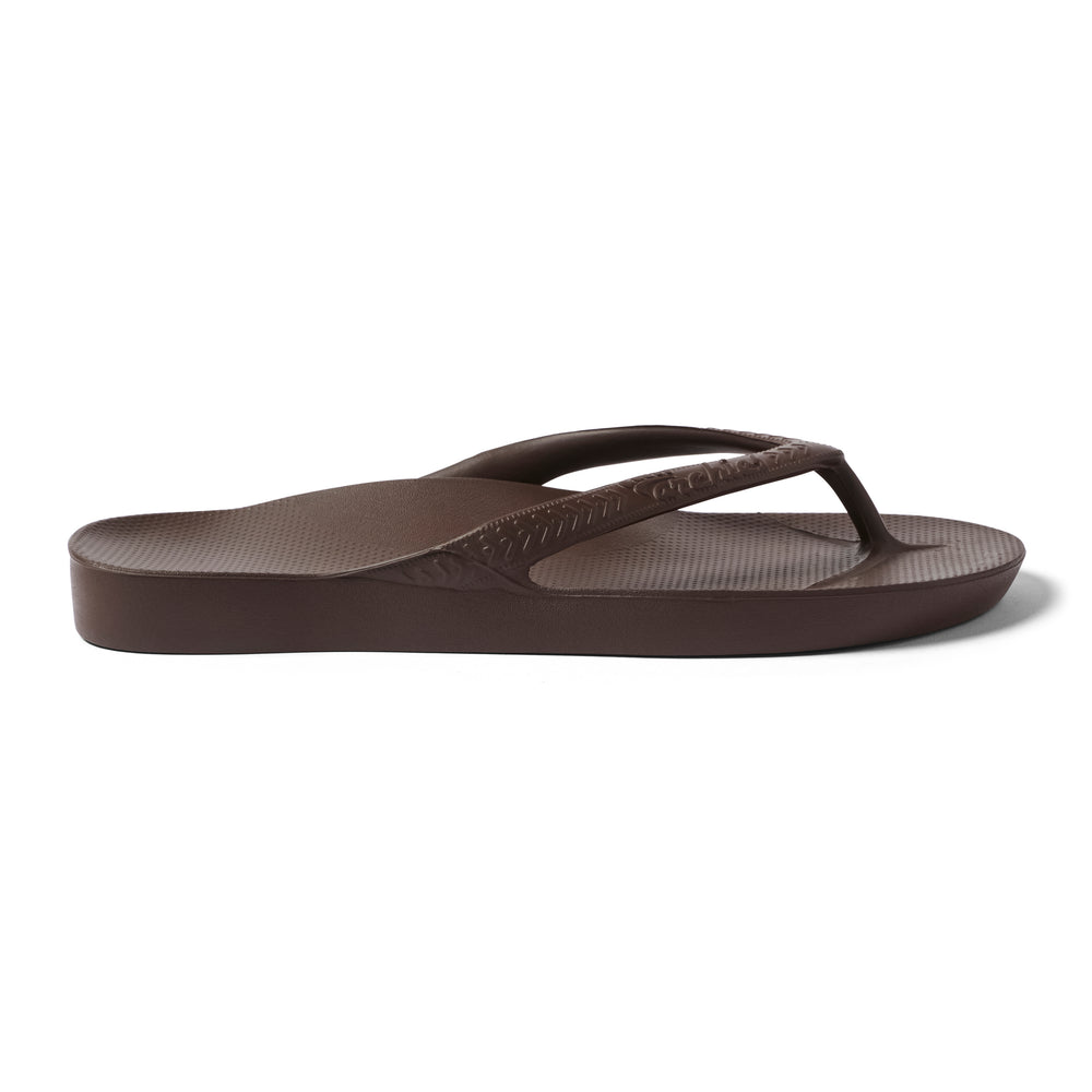 Archies Brown Arch Support Flip Flops — Side profile right shoe outside view 