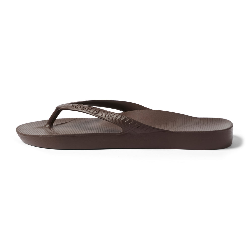 Archies Brown Arch Support Flip Flops — Side profile left shoe outside view 