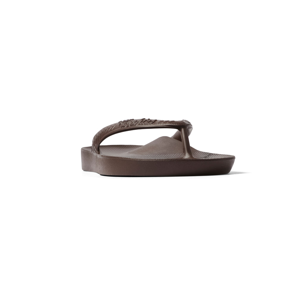 Archies Brown Arch Support Flip Flops — right shoe front angle showing arch 