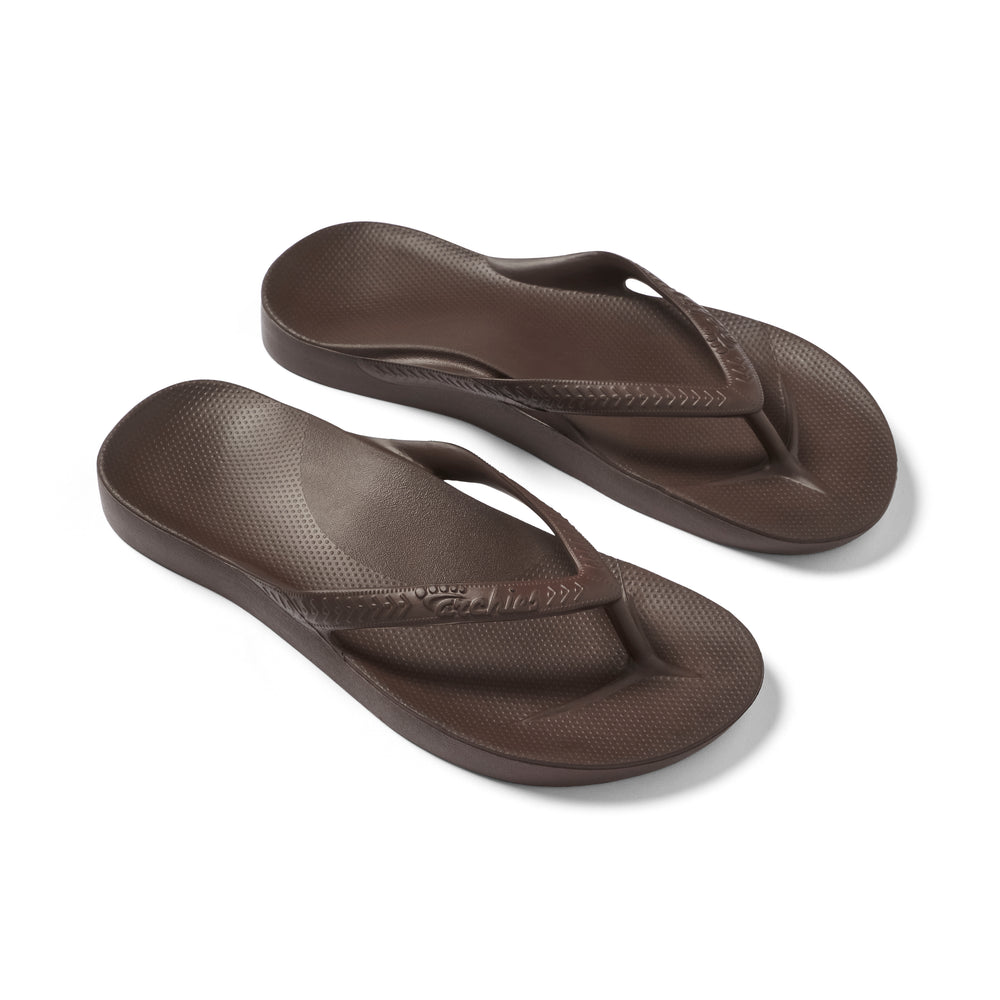 Archies Brown Arch Support Flip Flops — Pair top down 3/4 angle 