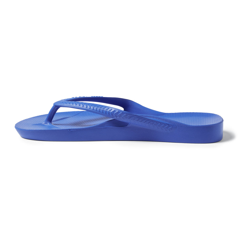 Royal Blue Arch support flip flops right shoe facing left studio image 