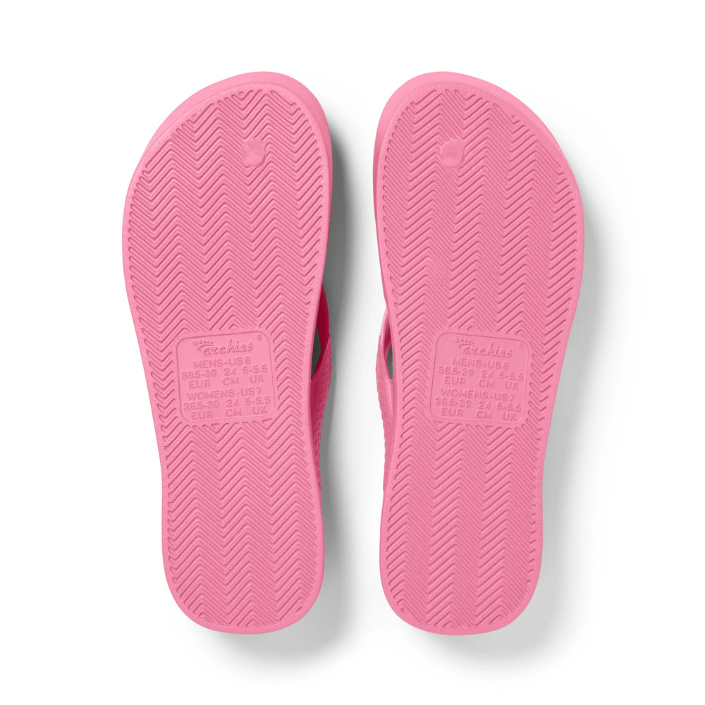Hot Pink Archies Arch Support Flip Flops shown from the underside 