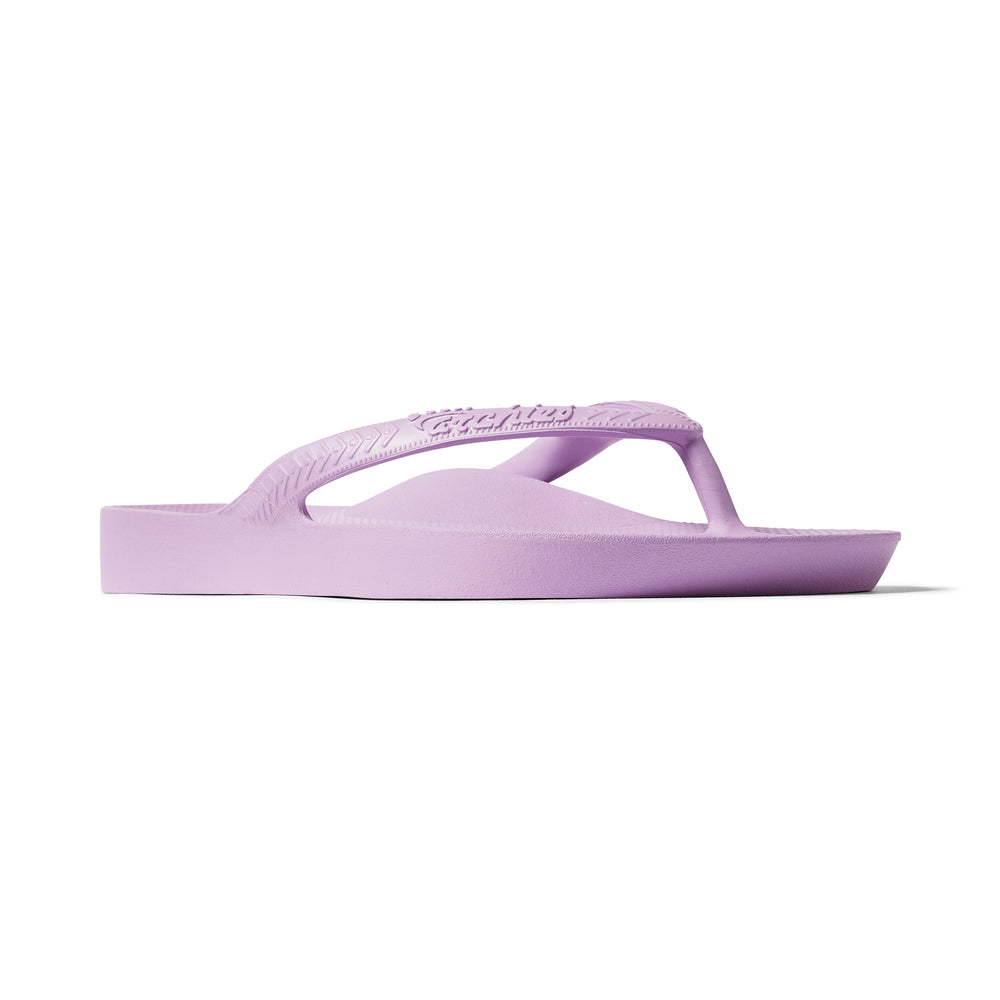 Lilac Archies Arch Support Flip Flops shown from the side on 