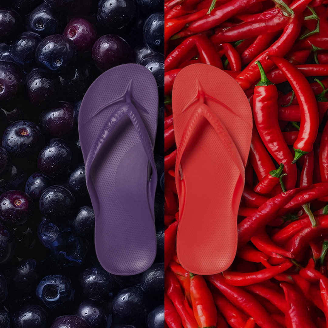 Acai Purpe and Chili Red Flip Flops top down banner image