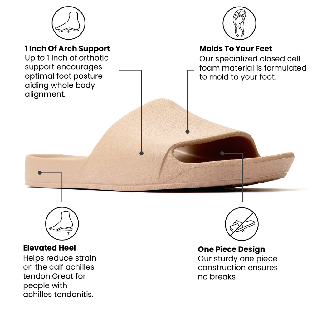Tan Slide with arch support features and text on a white background 